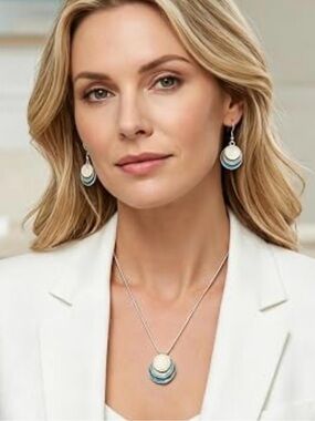 Silver and Light Blue Layered Disc Necklace & Earrings Set